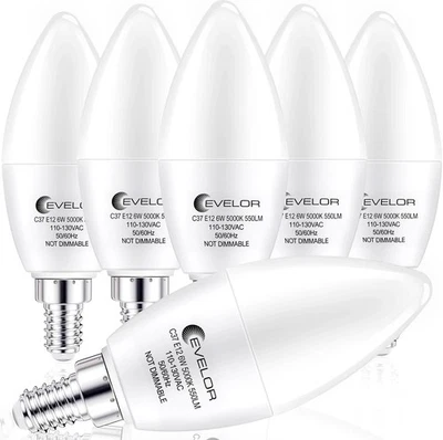 Evelor E12 LED Candelabra Light Bulb 6W Daylight White 5000K Non-Dimmabl, 6-PK - Image 1 of 4