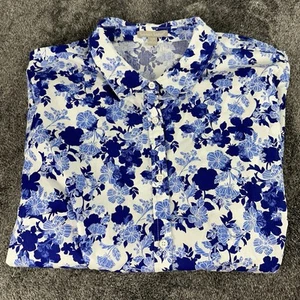 Woman Within Floral Shirt Women’s 2X Button Up Top Blouse Coastal Nautical Blue - Picture 1 of 16