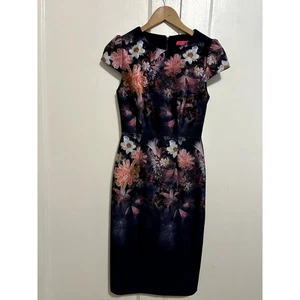 Betsy Johnson Sheath Dress Navy Pink Peach Floral Cap Sleeve Midi Dress Size 0 - Picture 1 of 7