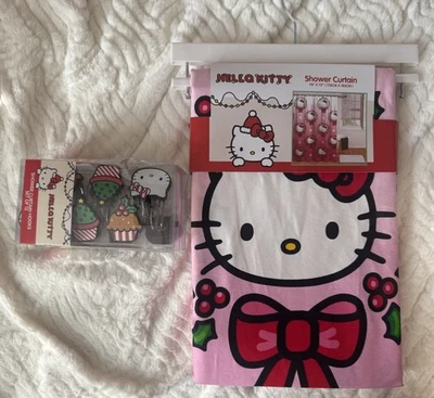 New Hello Kitty Holly Berry Christmas Wreath Shower Curtain & Hooks - Image 1 of 4