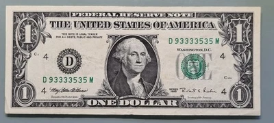 1995 One Dollar Federal Reserve Note $1 FANCY SERIAL NUMBER D93333535M #96359 - Image 1 of 2