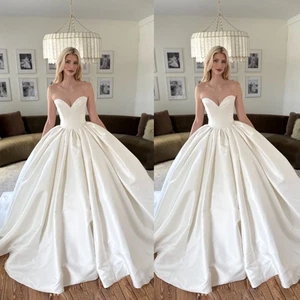 Boho Satin Wedding Dresses Strapless A Line Princess White Ivory Bridal Gowns - Picture 1 of 9