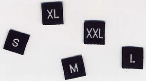 Gewebte Kleidergrößenetiketten schwarz S, M, L, XL, XXL 10 mm x 10 mm, 20 Stück - Bild 1 von 1