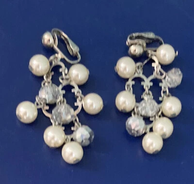 Vintage Faux Pearl Chandelier Drop Earrings Faceted Reflective Rhinestones 2.5” - Image 1 of 4