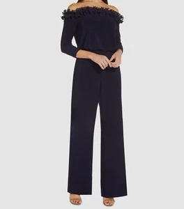 Adrianna Papell Women's Blue Ruffle-Neck Blouson Jumpsuit Petite Size 2P - Picture 1 of 3