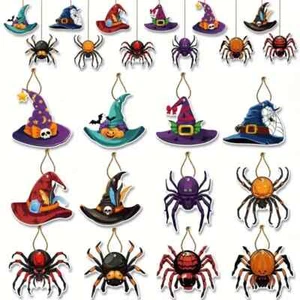 12 HALLOWEEN WITCH WIZARD HATS AND SPIDERS PARTY HANGING CUTOUTS DECORATIONS - Picture 1 of 3