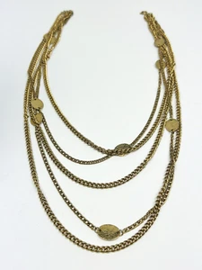 VTG 5 Strand Necklace Multi Strand Gold Tone Link Chains Classic Flat Medallion - Picture 1 of 12