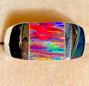 VIDEO of Men's RED Black VIVID FIERY Opal Signet ring sz 12 Sterling 925 Y - Picture 1 of 9