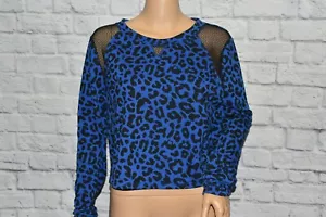 NWT BONGO M BLUE BLACK LEOPARD CHEETAH CROP MESH TERRY SWEATSHIRT TOP - Picture 1 of 8