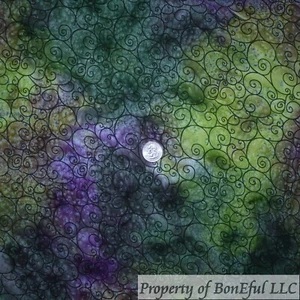 BonEFul Fabric FQ Cotton Quilt Green Purple Batik Swirl Scroll Magic Wizard SALE - Picture 1 of 24