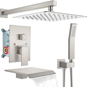 Brushed Nickel 12'' Shower Head Rain Mixer Faucet Set Waterfall w/ Tub Spout - Picture 1 of 8