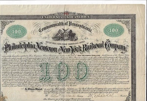 PENNSYLVANIA 1873 Philadelphia Newtown & New York Railrod Bond Stock Certificate - Picture 1 of 6