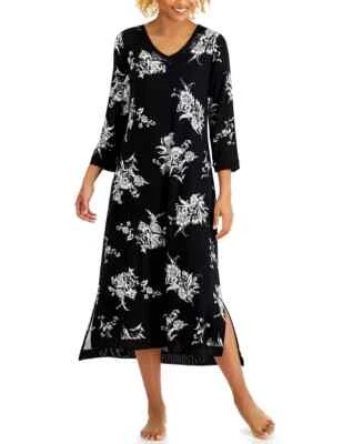 Charter Club 黑色 Jacobean 精品花卉睡衣华尔兹长度 M 全新带标签 — 第 1/4 张图片