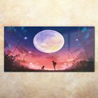 Wall Art Glass Print young woman with dog at beautiful night with huge 140x70