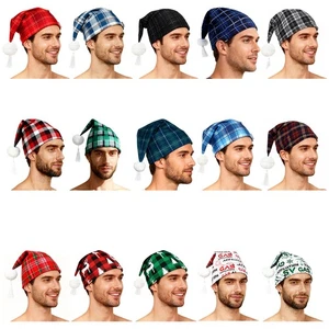 Mens Plaid Sleeping Night Stocking Cap Hat w/Pom Ball Tassel Christmas Nightwear - Picture 1 of 52