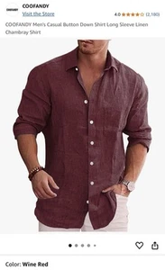 COOFANDY Men's Med Casual Button Down Shirt Long Sleeve Linen Chambray Wine NWT - Picture 1 of 4