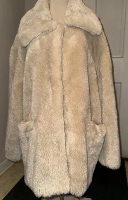 New! Free People Pretty Perfect Faux Fur Coat Cozy Soft Snap Button Tan Womens L - Image 1 of 4