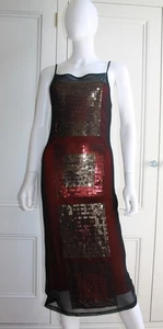 8 UK Karen Millen Vintage Black Red Sequin Mesh Overlay Bodycon Cocktail Dress - Picture 1 of 9