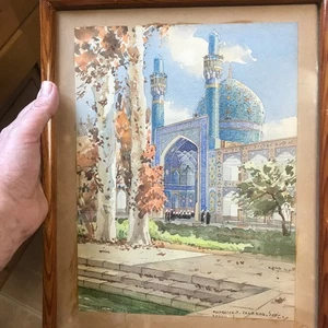 Vintage watercolour painting Ma'dar Shah" Mosque in Chaharbagh, Isfahan Islamic - Picture 1 of 14