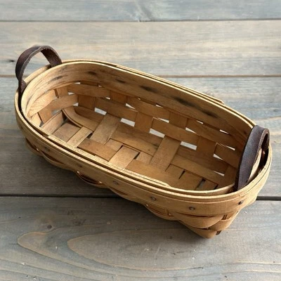 Vintage Longaberger Tea Basket W/ Leather Handles 8”x 3.5” Clean & Signed 1998 - Image 1 of 4