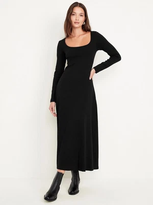 New Old Navy Fit Flare Ribbed Maxi Dress XS Black Long Sleeve Cotton Basic - Image 1 of 4