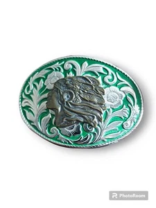 Vintage Rare Native American Green and Silver 4" x 2.5" Oval Men's Belt Buckle - Picture 1 of 8