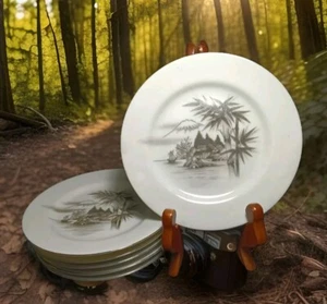 Juego de 6 platos de postre de bambú Kutani China gris negro Mountain Village Japón 6,25" - Imagen 1 de 7