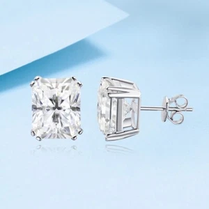 4ct D VVS1 Radiant Cut Moissanite Stud Earrings Sterling Silver 18K Gold Overlay - Picture 1 of 12