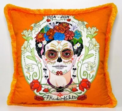 Frida Kahlo by Casa Padrino Luxus Deko Kissen mit Strass Steinen Orange / Bunt - Bild 1 von 3