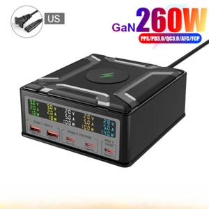 260W GaN 5 Ports Multi USB Type C PD 140W Fast Charging Station Wireless Charger - Picture 1 of 14
