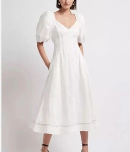 Aje Grove Puff Sleeve V-Neck Silk Linen Midi Dress White Size 6 - Picture 1 of 16