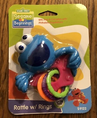 NEW Sesame Street Beginnings Elmo Cookie Monster Baby Rattle with Rings - Image 1 of 2