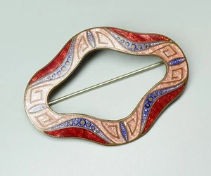 Vintage Art Deco Enamel Guilloche Sash Brooch 2.75" W Peach Purple Red Gold Tone - Picture 1 of 4