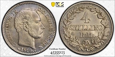 1869 CS Denmark 4 Skilling Rigsmont PCGS MS65 Unquestionably PQ             2649 - Image 1 of 4