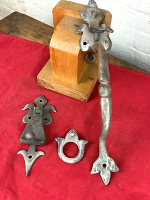 Antique 13" Door Handle, Knocker, Escutcheon - Nickelplate, Fleur De Lis Design - Image 1 of 4