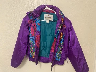 Vintage Obermeyer  Jacket Womens 8 Purple Floral 80s 90s Bright Retro Snow Coat - Image 1 of 4