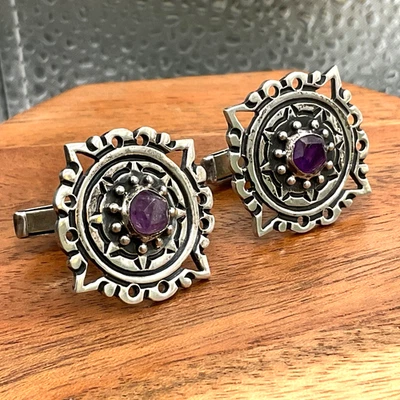 Vintage Sterling Amethyst Aztec Taxco Cufflinks Handmade Signed EAA 925 - Image 1 of 4