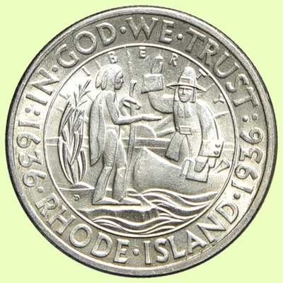 1936-D Rhode Island Commemorative Silver Half Dollar 50C | AU+/UNC - Image 1 of 2