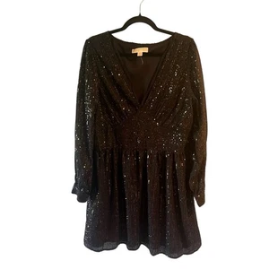 Michael Michael Kors XL Black Sequin V-Neck Long Sleeved Mini Dress Empire Waist - Picture 1 of 10