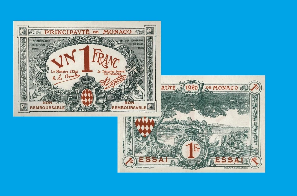 MONACO 1  FRANCS 1920  BLUE ESSAI /- Copy - Image 1 of 1