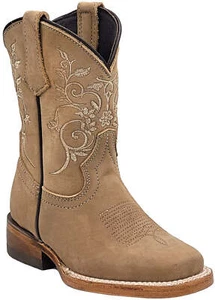 Kids Genuine Leather Western Square Toe Beige Tan Cowboy Girls Cowgirl Boots - Picture 1 of 5