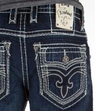 Rock Revival Bruno Boot Cut Jeans Men's 38x32 Dark Wash Blue Distressed Denim