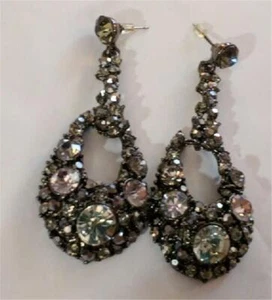 Smoky Crystal Rhinestone Teardrop Shaped Earrings HUGE Bling PARTY Time Glamazon - Picture 1 of 3