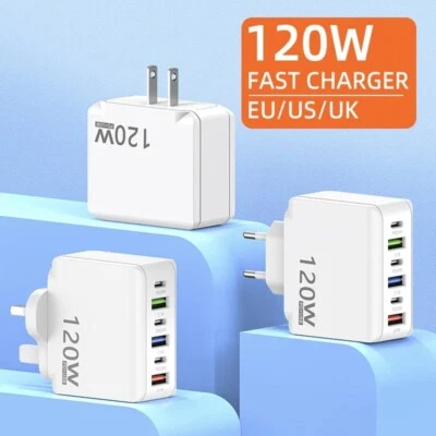 120W 6-Port USB-C PD Fast Charger Plug Multi-port EU/US/UK Plug Wall Adapter - Image 1 of 4