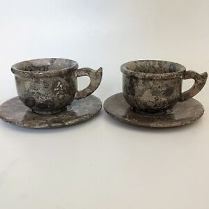 Natural Fossil Stone Cup and Saucer Set Of 2 Gray 6" Diam