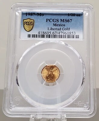 1987 1/20th Gold Onza Libertad Gem BU RARE COIN MEXICO PCGS MS67 Azteca  - Image 1 of 4
