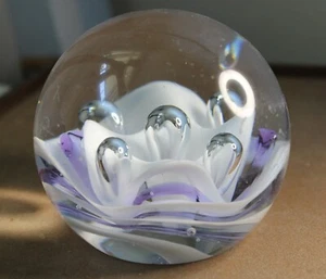 * ART GLASS PAPER WEIGHT SQUAT 72MM WAVES AND BUBBLES FLAT BASE #JOV04 - Picture 1 of 10