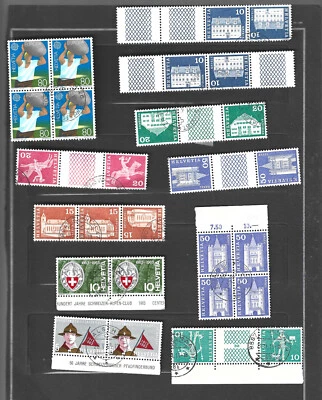 Switzerland, assorted used, 6 Gutter pairs,  7 tete beche, 2 blocks, + multiples - Image 1 of 2