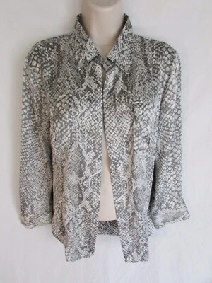 WOMANS S/M gray silver satin snake reptile button 3/4 sleeve COLLAR BLOUSE - Image 1 of 4