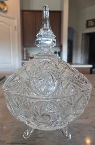 Vintage ovale geschliffene Kristall große Bonboniere mit Fuß und Deckel schwer - Bild 1 von 8